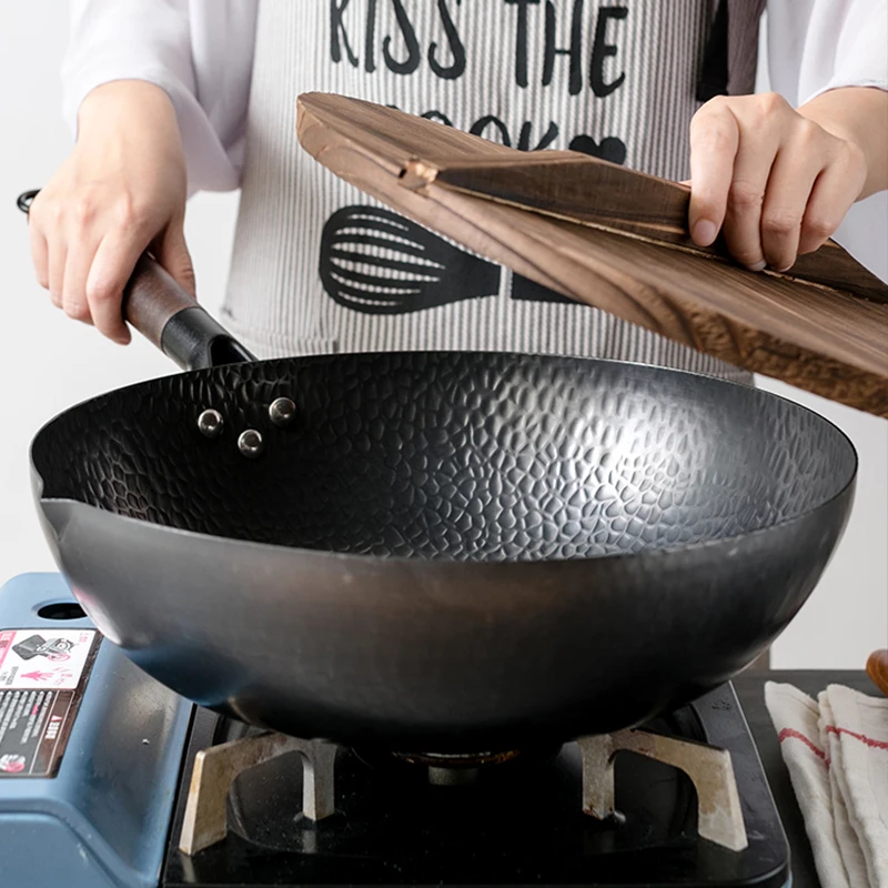 Wok Electric Flat - Kohlenstoffstahl-Wokpfanne 32cm, Wok-Set mit Holzdeckel, Antihaft-Bratpfanne