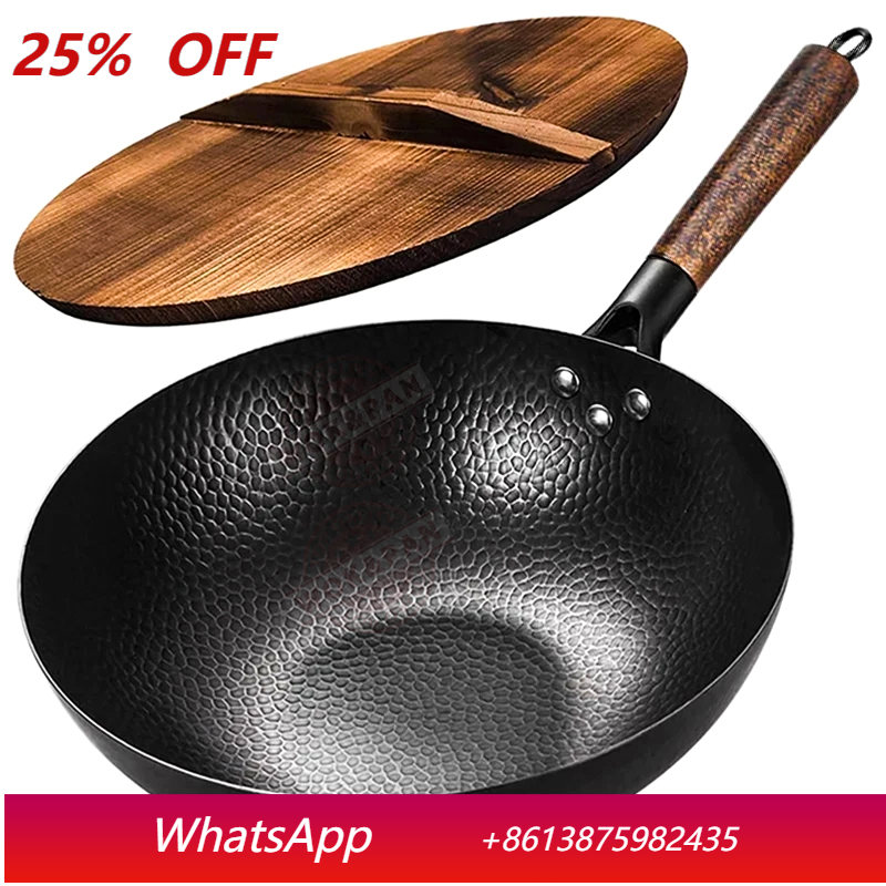 Wok Electric Flat - Kohlenstoffstahl-Wokpfanne 32cm, Bratpfanne mit Holzdeckel, Unbeschichtete